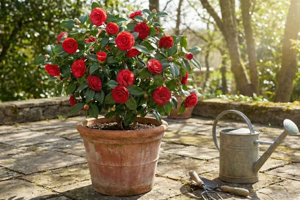 Un camélia aux fleurs rouge vif en pot sur une terrasse en pierre ensoleillée, avec un arrosoir en zinc et un outil de jardinage