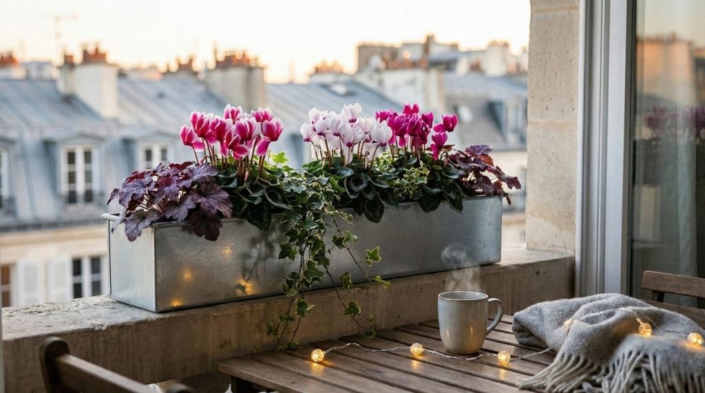 Aménagement de balcon urbain avec une jardinière de cyclamens et de lierre