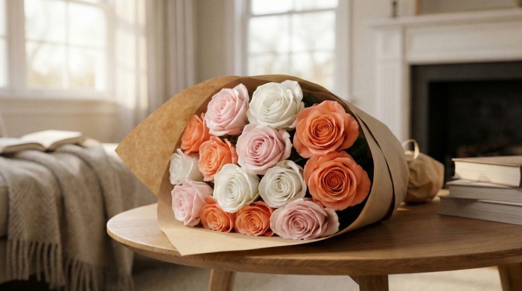 Bouquet de roses roses, blanches et oranges pour la fête des grands-mères, symbolisant la tendresse et le respect