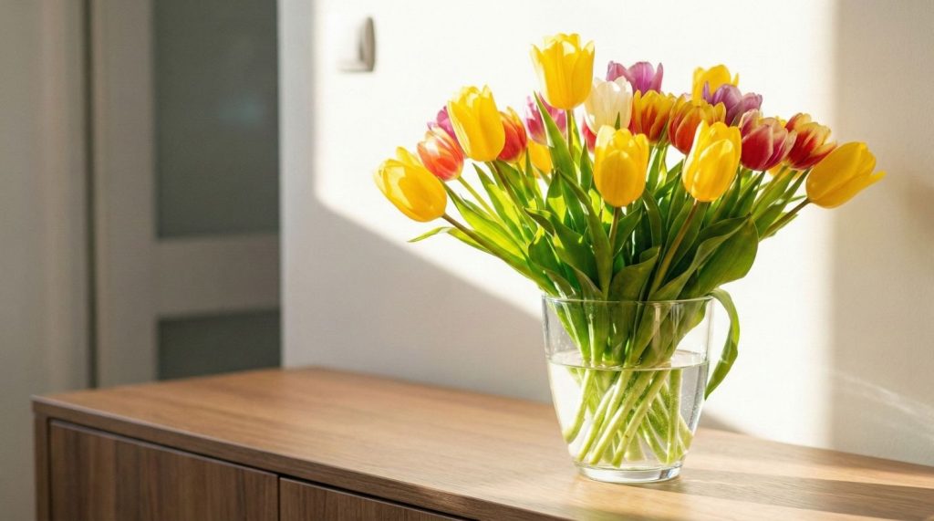 Bouquet de tulipes multicolores et jaunes ensoleillées pour la fête des mamies, symbole d'élégance printanière