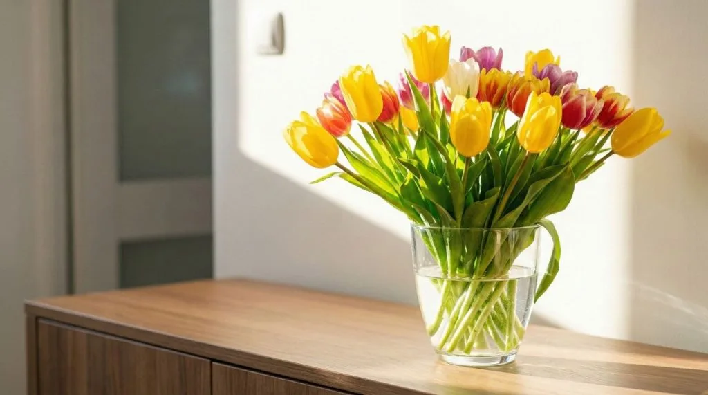 Bouquet de tulipes multicolores et jaunes ensoleillées pour la fête des mamies, symbole d'élégance printanière