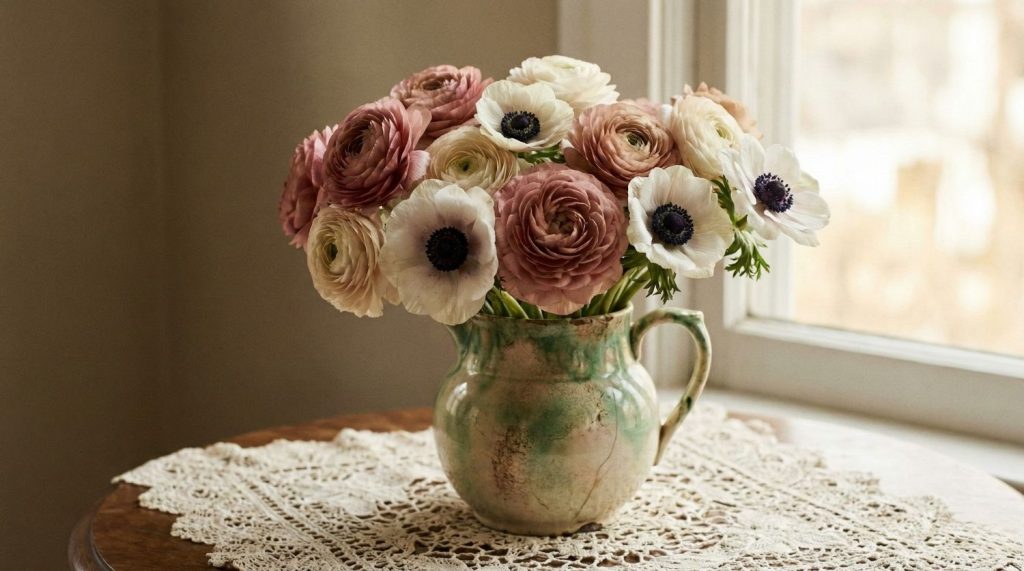 Bouquet vintage de renoncules et d'anémones pour la fête des grands-mères 2026, fleurs symbolisant la fascination et le charme rétro