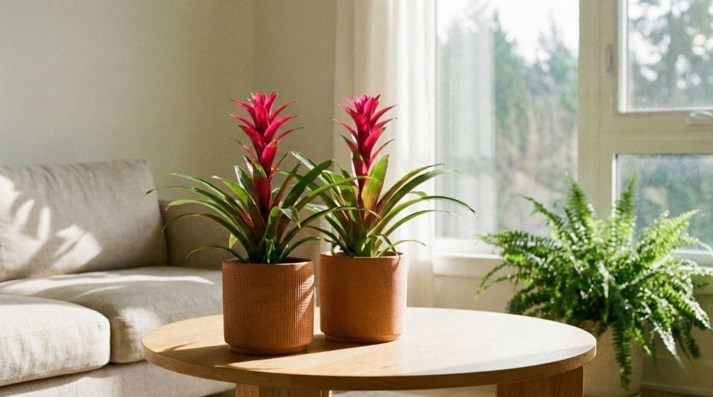 Bromelia rose en pot dans un salon lumineux