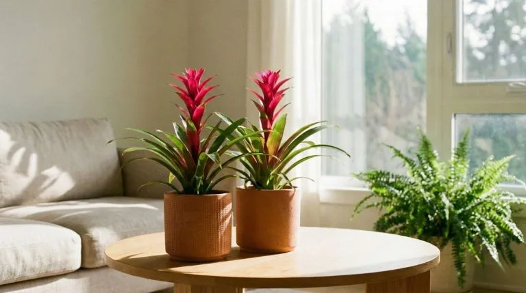 Bromelia rose en pot dans un salon lumineux