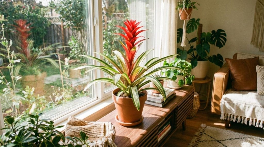 Bromélia rouge et vert en pot sur un meuble en bois devant une fenêtre ensoleillée dans un salon bohème