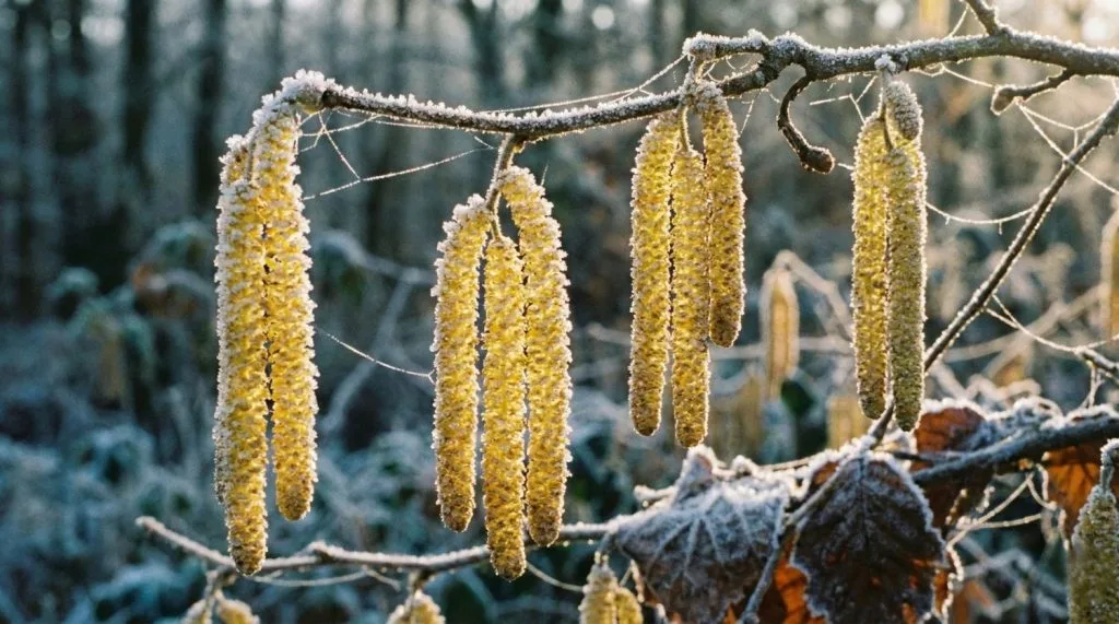 Chatons et fleurs femelles du noisetier en fin d'hiver