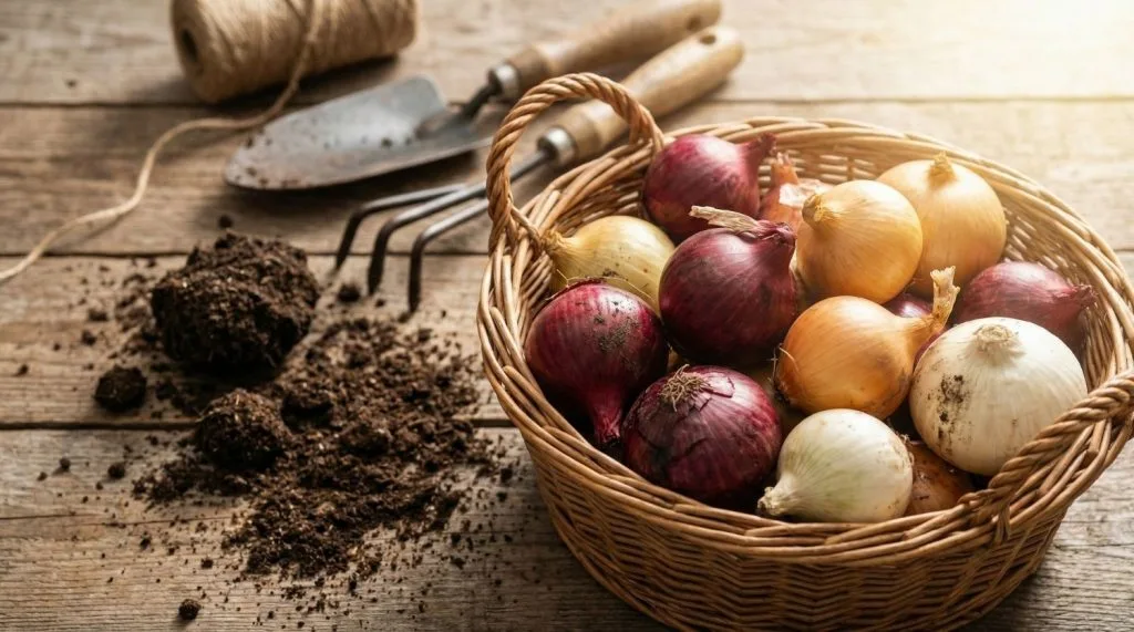 Différentes variétés d'oignons bio prêtes à être plantées