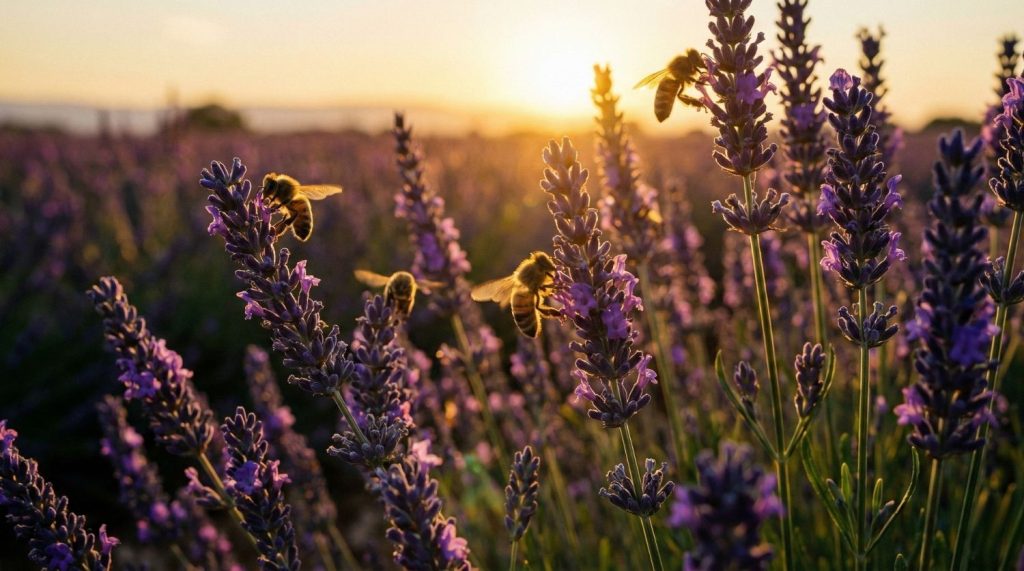 Épis de lavande officinale violette en fleurs sous la lumière du soleil couchant