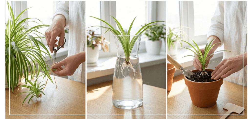 Étapes de bouturage d'une plante araignée dans l'eau et en terre