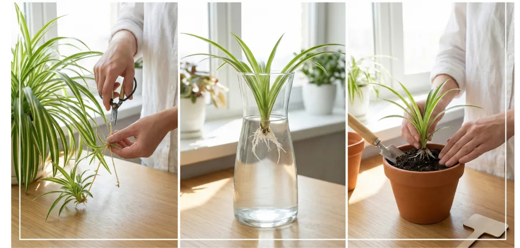 Étapes de bouturage d'une plante araignée dans l'eau et en terre