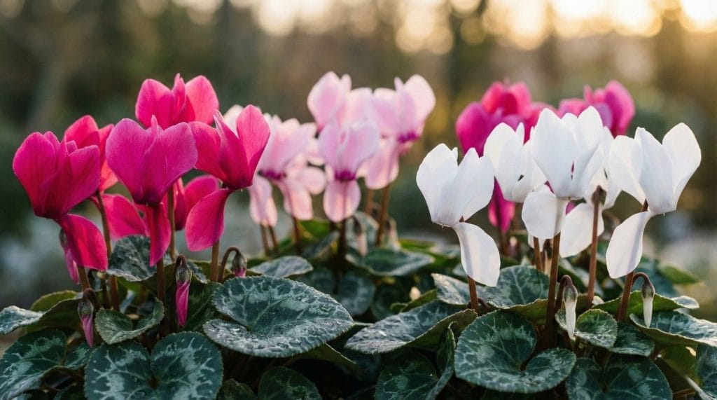 Fleurs de cyclamen roses et blanches avec feuillage marbré argenté en lumière naturelle