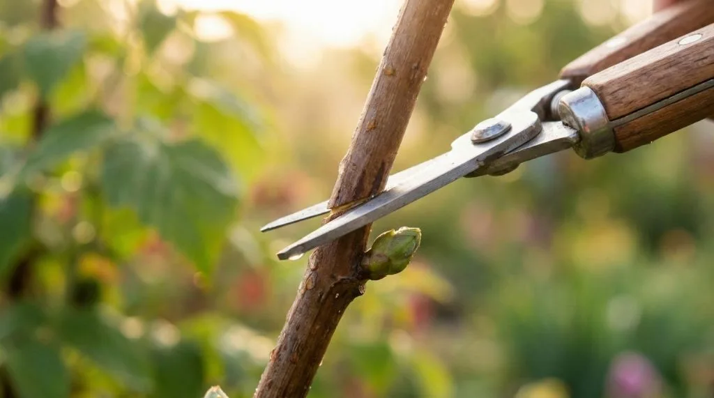 Geste technique pour tailler une branche de framboisier en biais