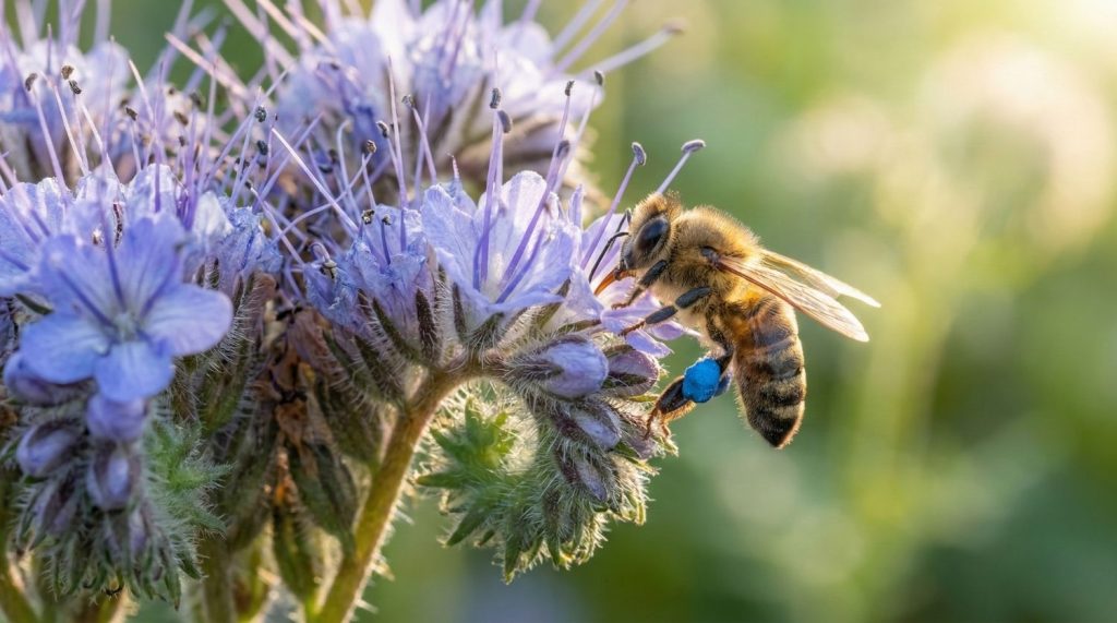 Gros plan sur une fleur de phacélie bleu-lavande avec une abeille récoltant du pollen bleu