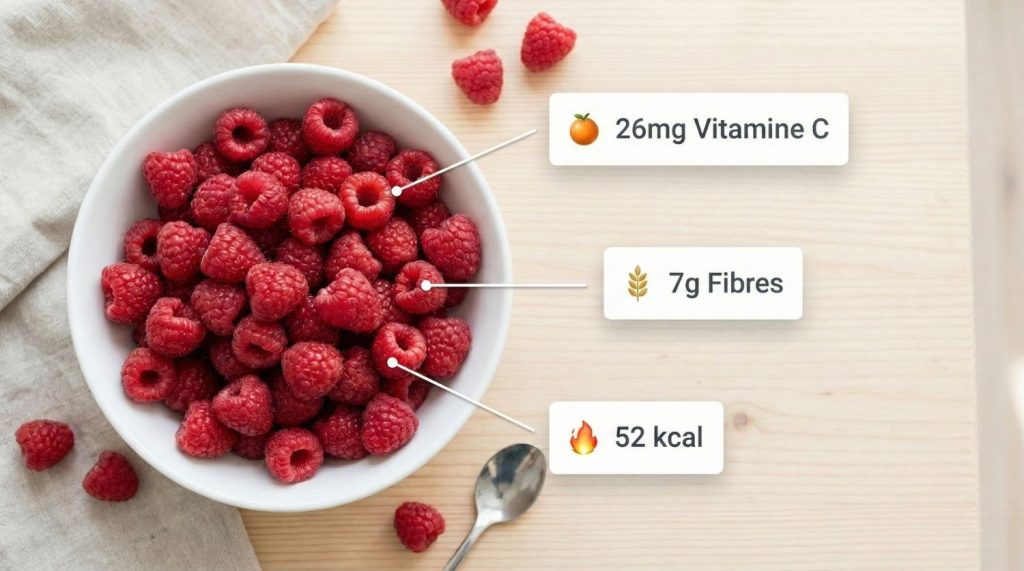 Infographie des valeurs nutritionnelles et vitamines de la framboise