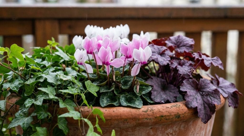 Jardinière d'hiver avec cyclamens roses, lierre et heuchères