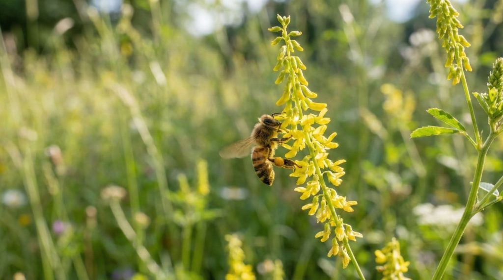 Longues grappes de fleurs jaunes de mélilot officinal butinées par une abeille dans une prairie