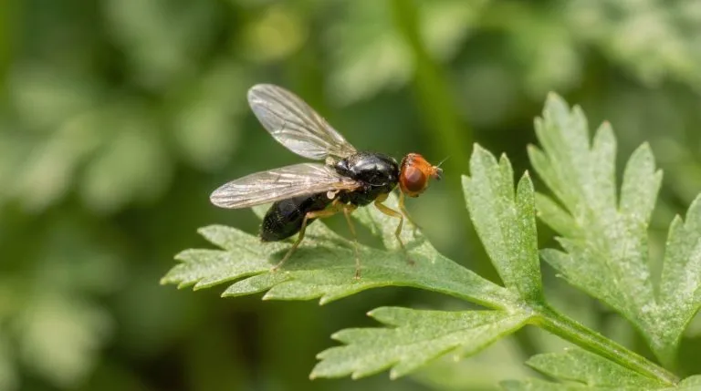 Mouche de la carotte adulte sur une feuille verte