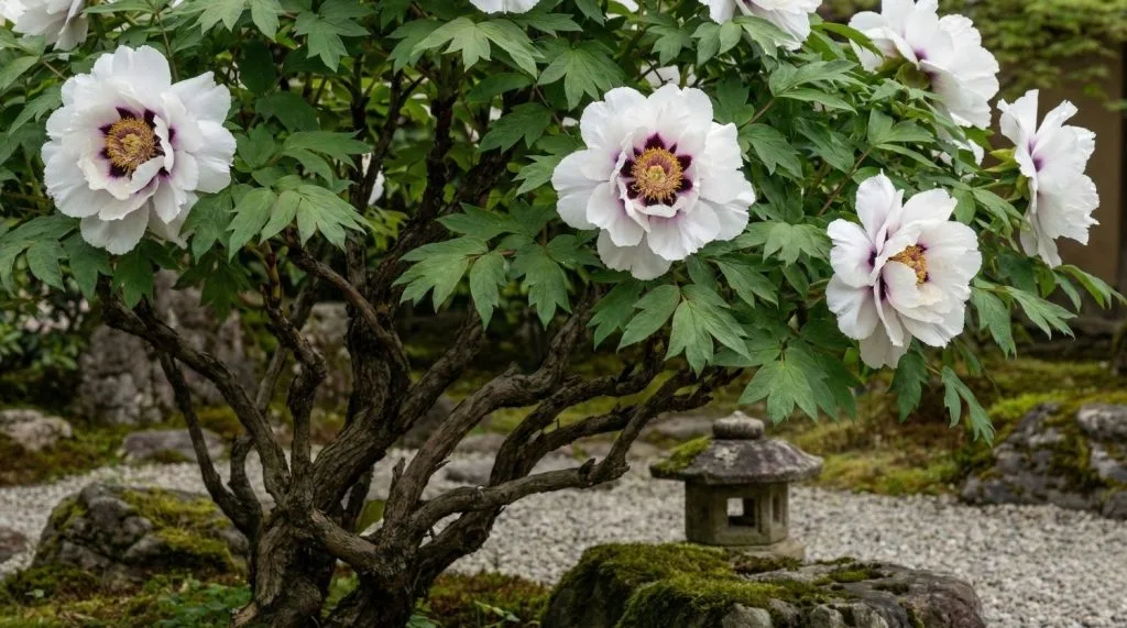 Pivoine arbustive blanche à cœur pourpre montrant sa structure ligneuse