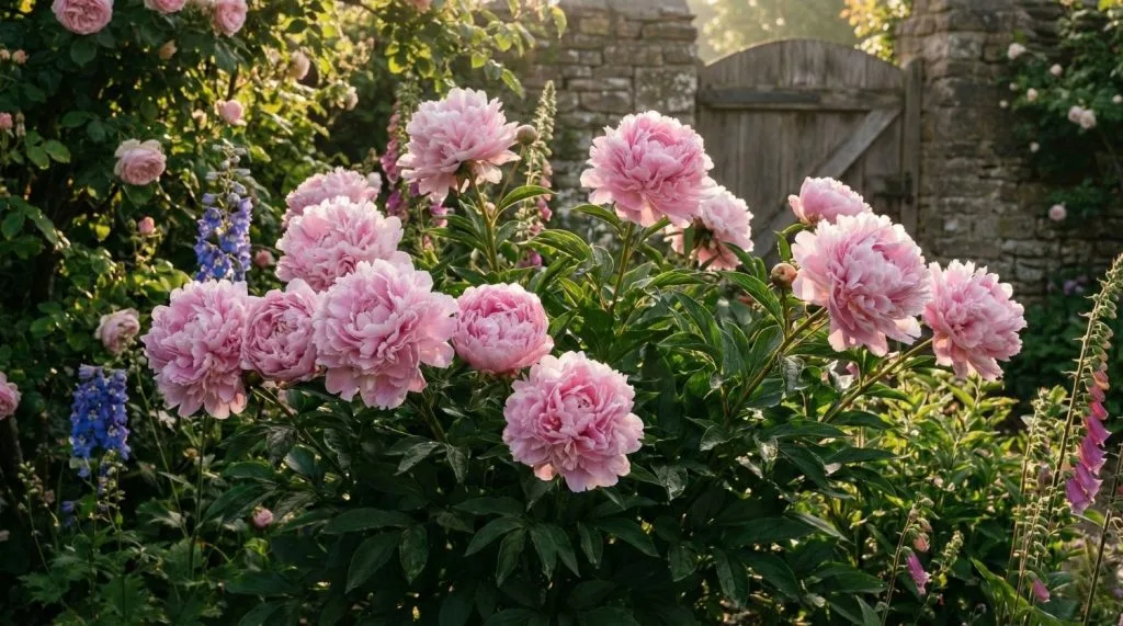 Pivoine herbacée rose aux fleurs doubles opulentes dans un jardin romantique