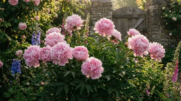 Pivoine herbacée rose aux fleurs doubles opulentes dans un jardin romantique