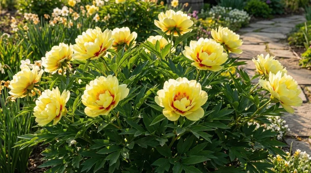 Pivoine Itoh Bartzella d'un jaune éclatant formant un buisson dense et robuste