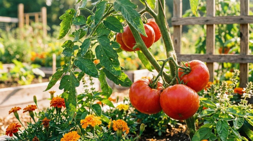 Plants de tomates sains et vigoureux en pleine fructification au potager