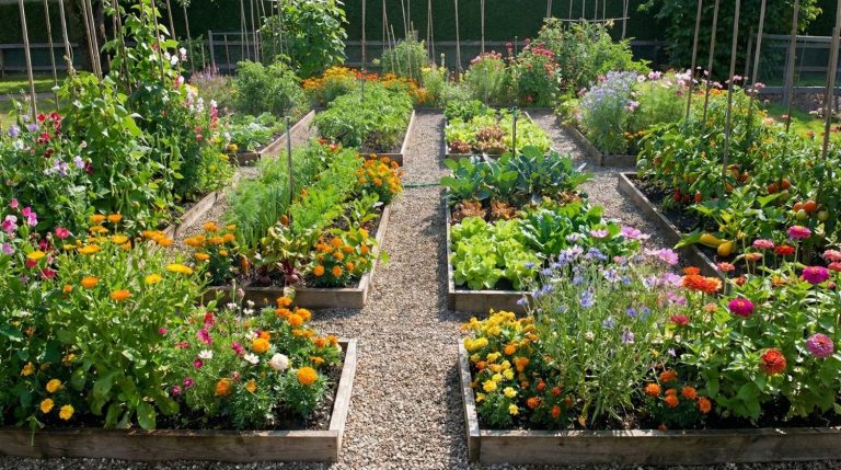 Potager en carrés surélevés avec légumes variés et fleurs colorées, allées en gravier, sous le soleil