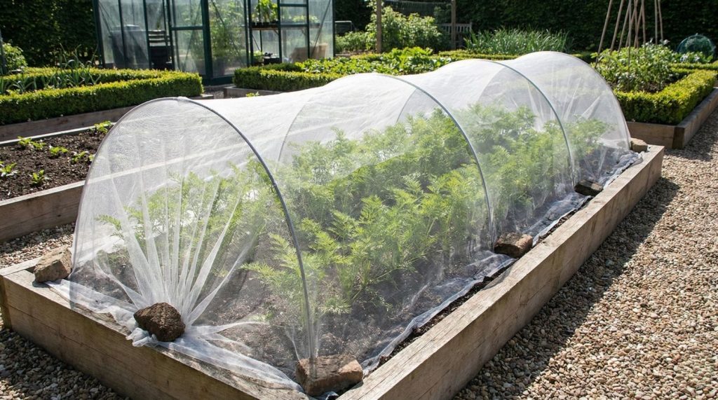 Protection des carottes par un filet anti-insectes à mailles fines