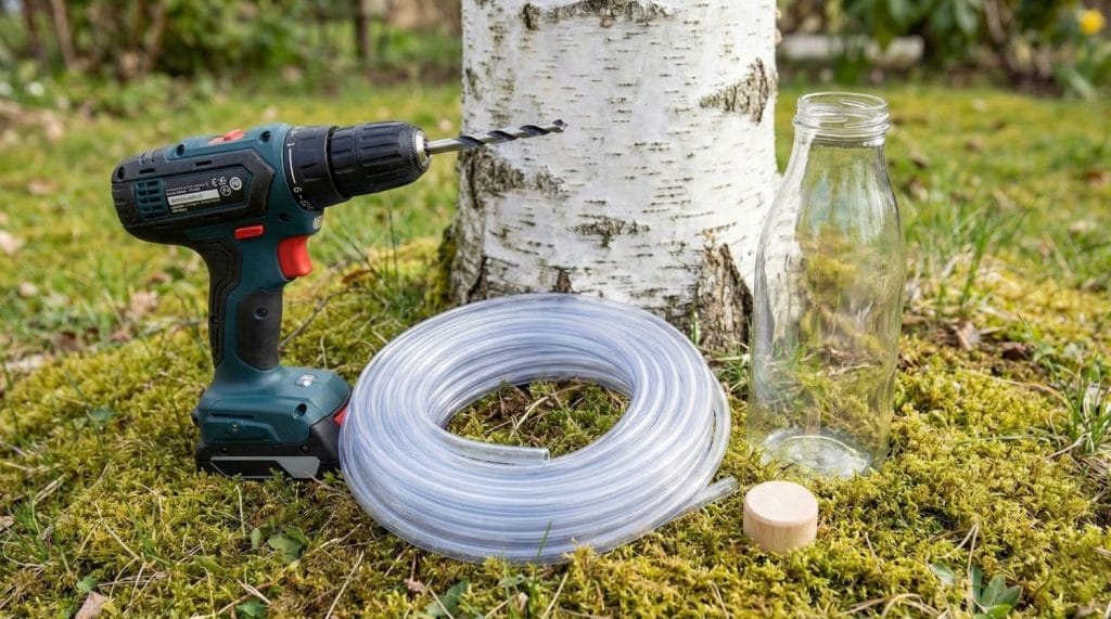 Récolte artisanale de sève de bouleau fraîche au printemps