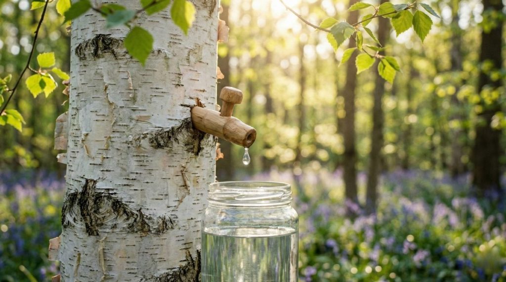 Récolte artisanale de sève de bouleau fraîche en forêt