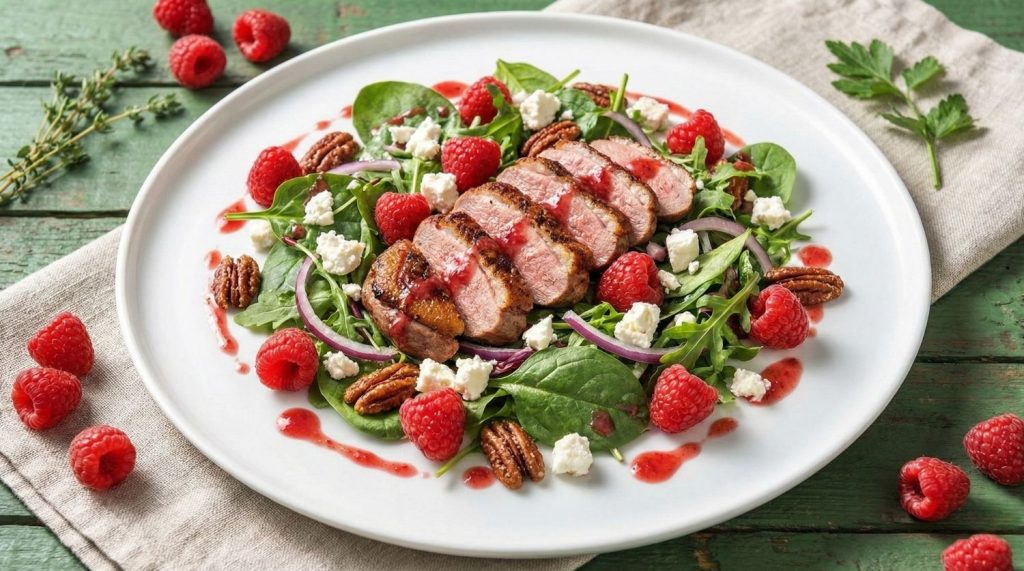 Salade de canard confit et framboises fraîches