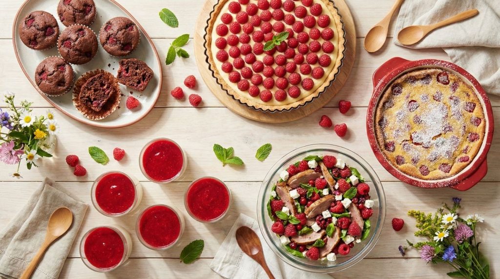 Table gourmande présentant 5 recettes aux framboises : muffins, tarte, clafoutis, salade de canard et panna cotta