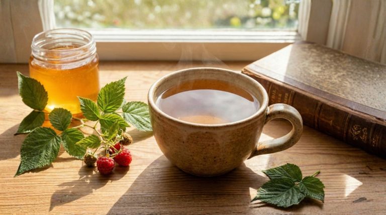 Tasse de tisane de feuilles de framboisier fumante
