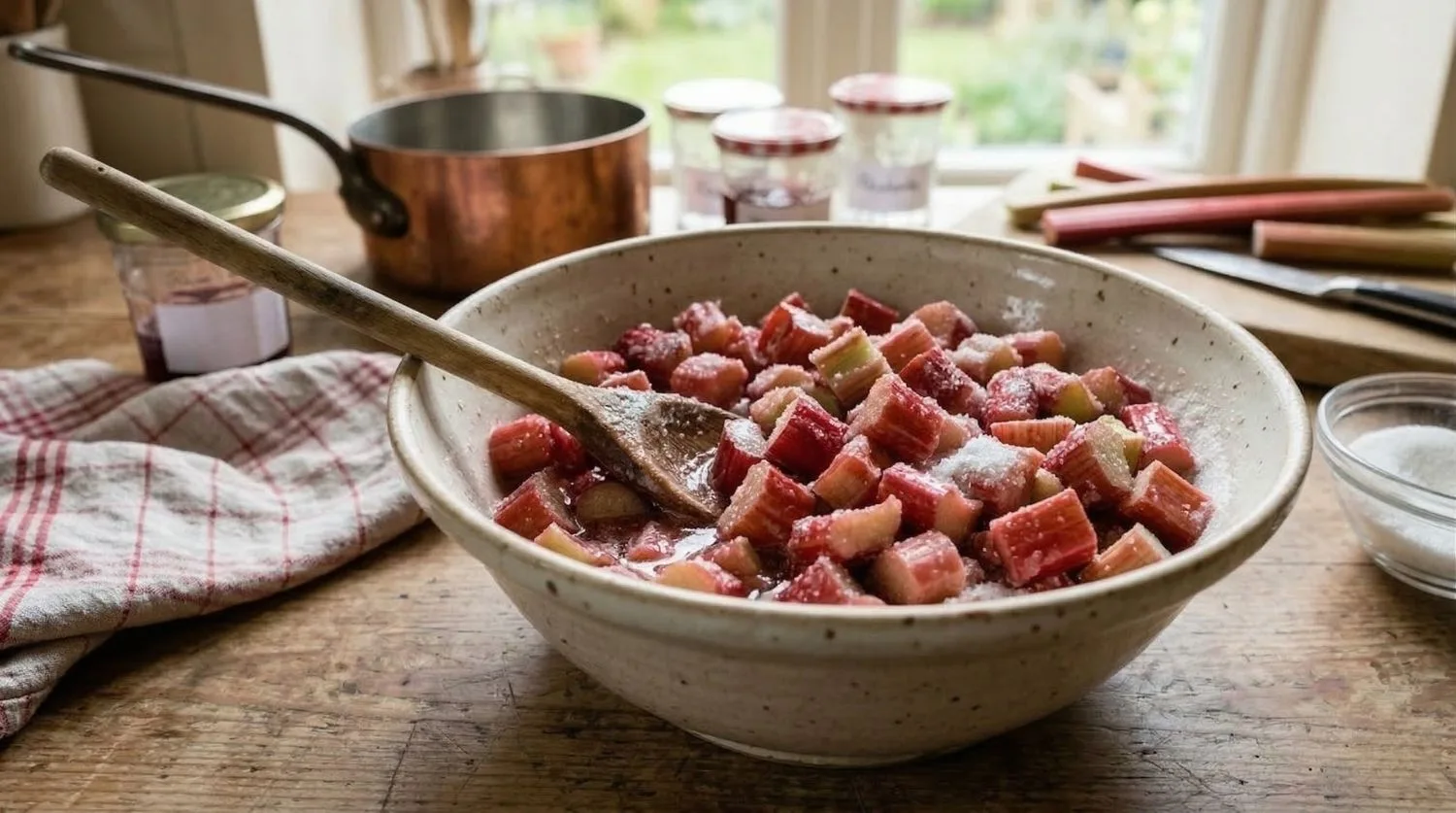 Rhubarbe en tronçons macérant dans le sucre