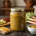 Un bocal de confiture de rhubarbe maison avec du pain grillé et de la rhubarbe fraîche