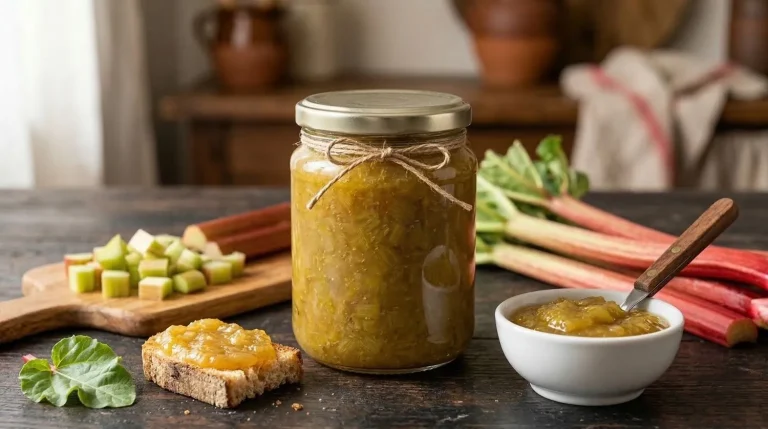 Un bocal de confiture de rhubarbe maison avec du pain grillé et de la rhubarbe fraîche