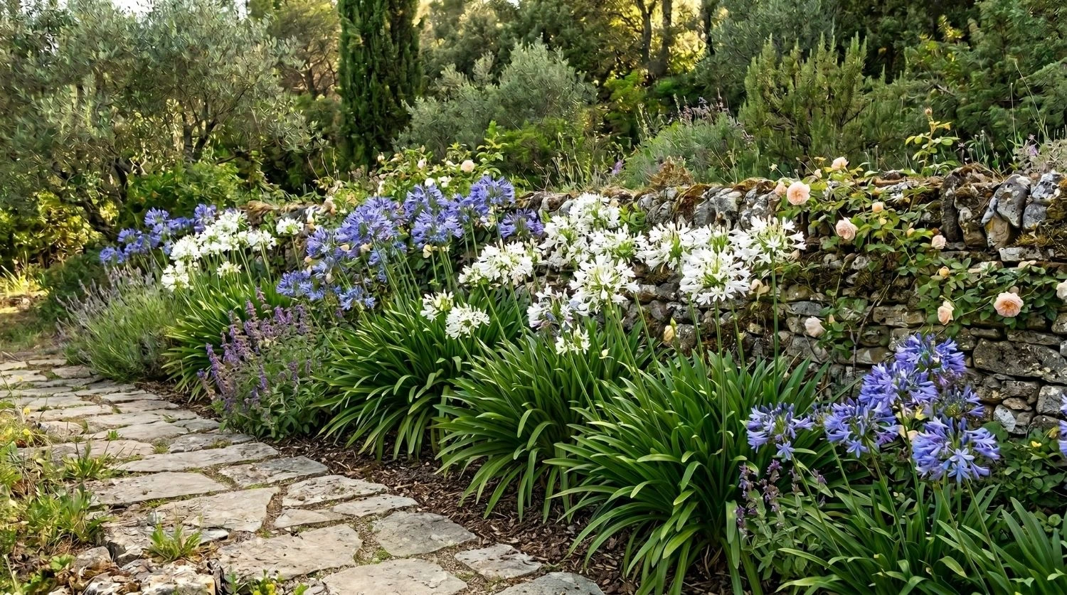 Allée de jardin en pierre bordée d'agapanthes bleues et blanches et d'un mur de pierre sèche