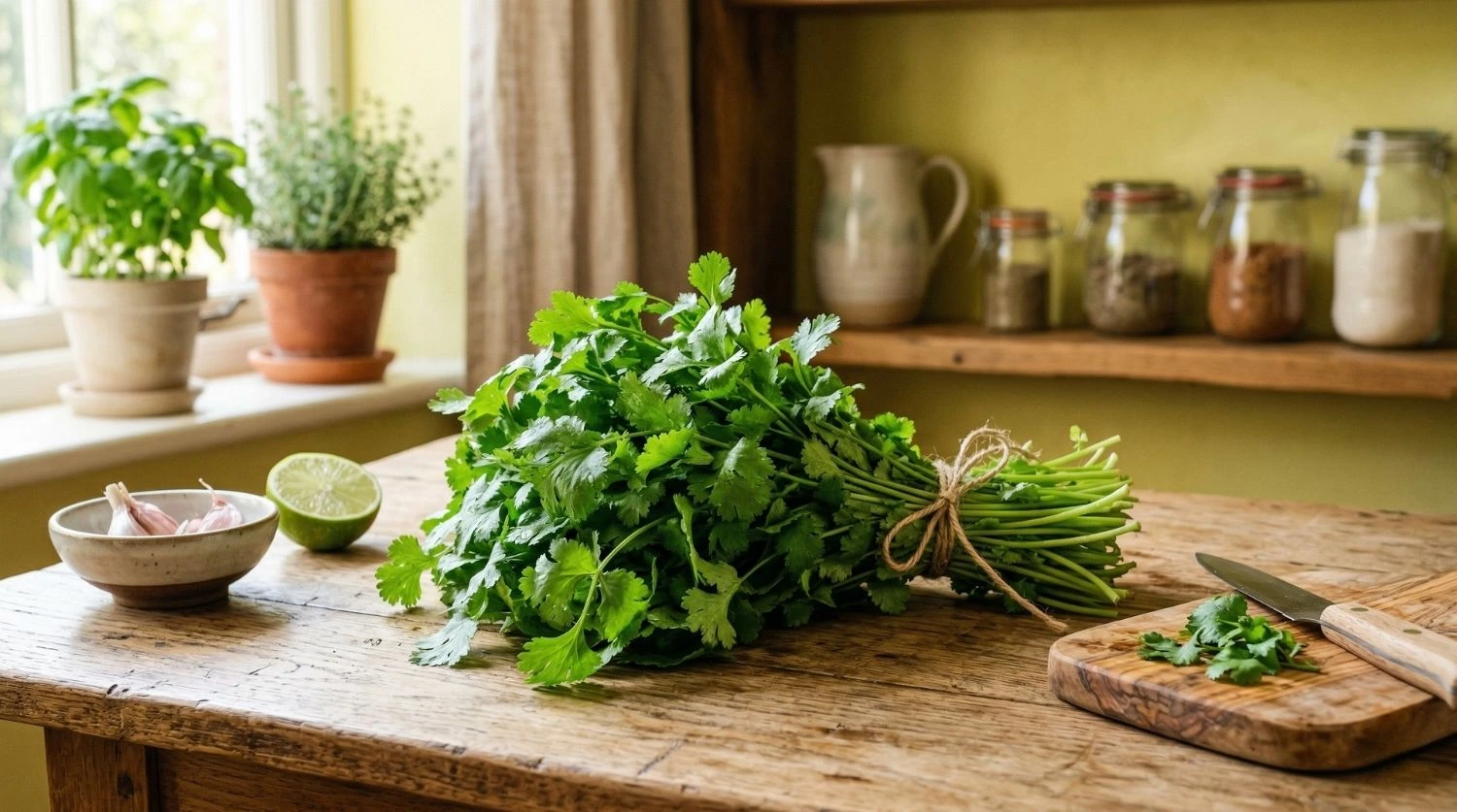 bouquet de coriandre fraiche sur une table