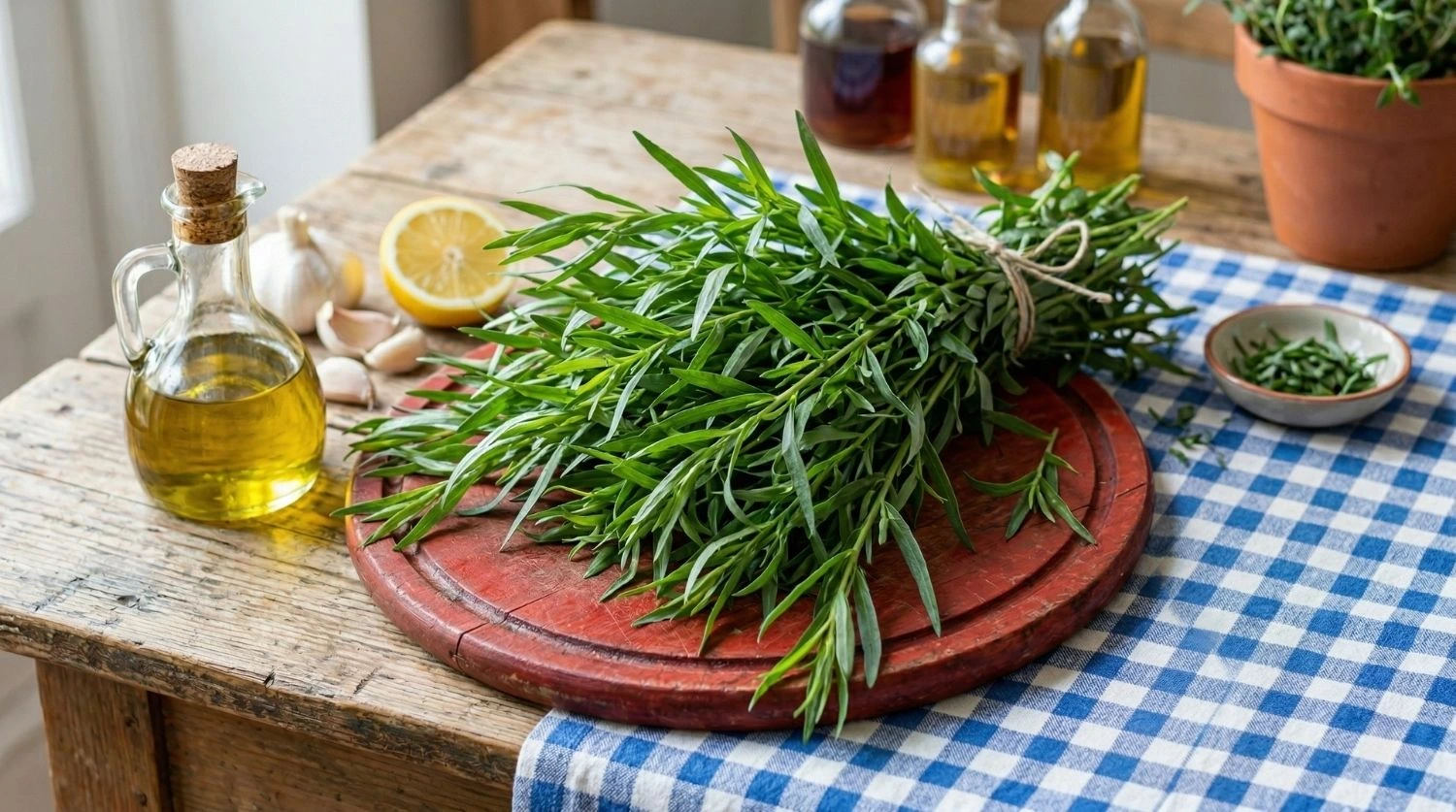 un bouquet d'estragon frais sur une planche a découper