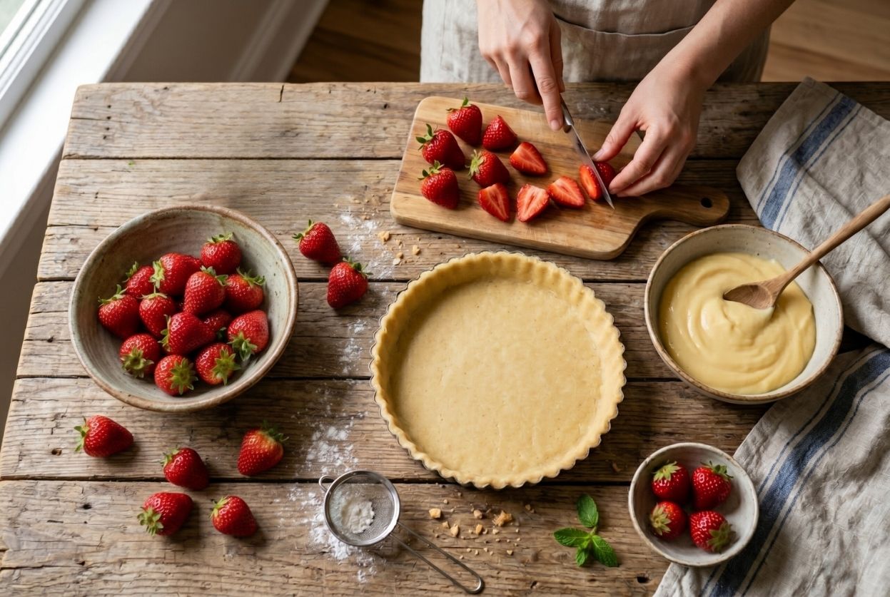 préparation tarte aux fraises.