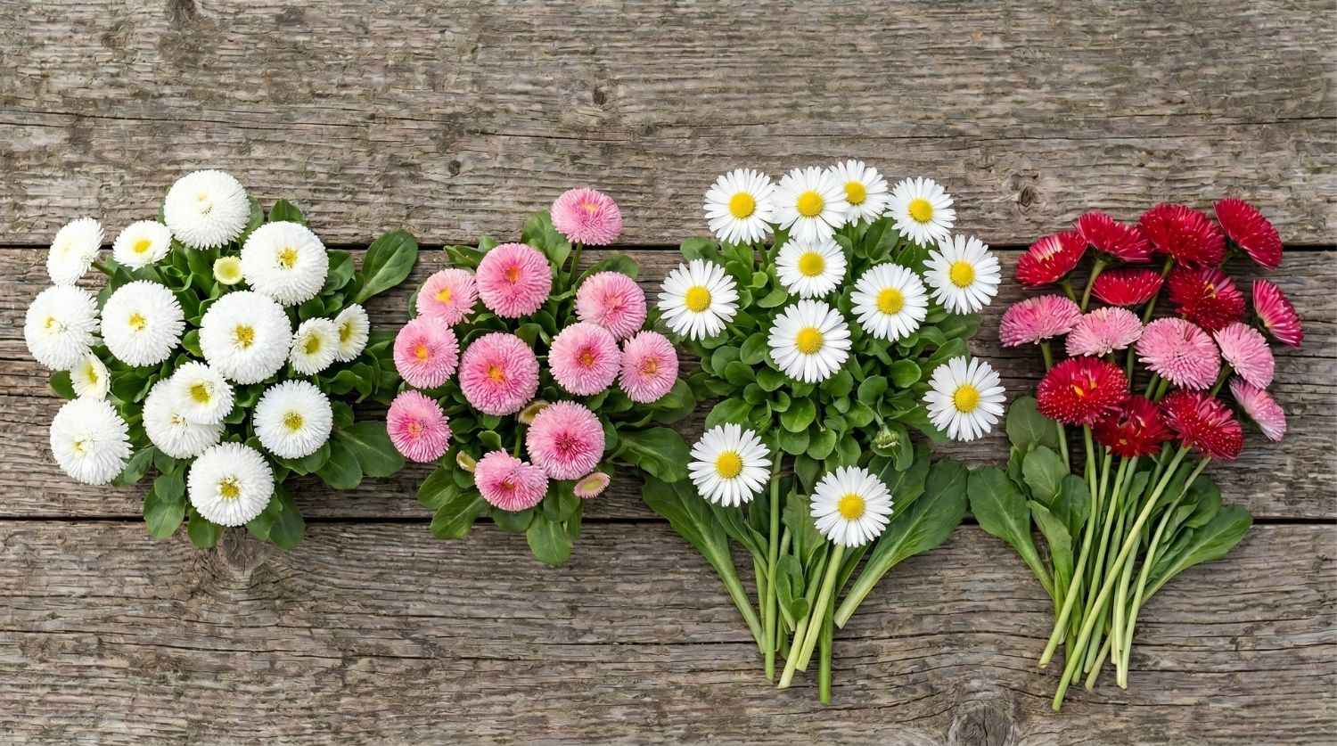 quatre bouquets de pâquerettes variées