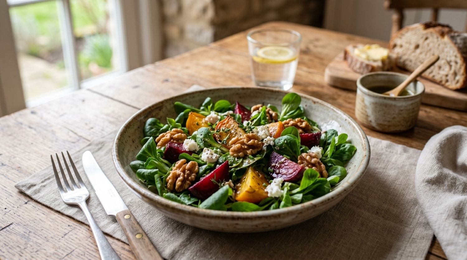 salade de mache betterave rôtie et cerneaux de noix