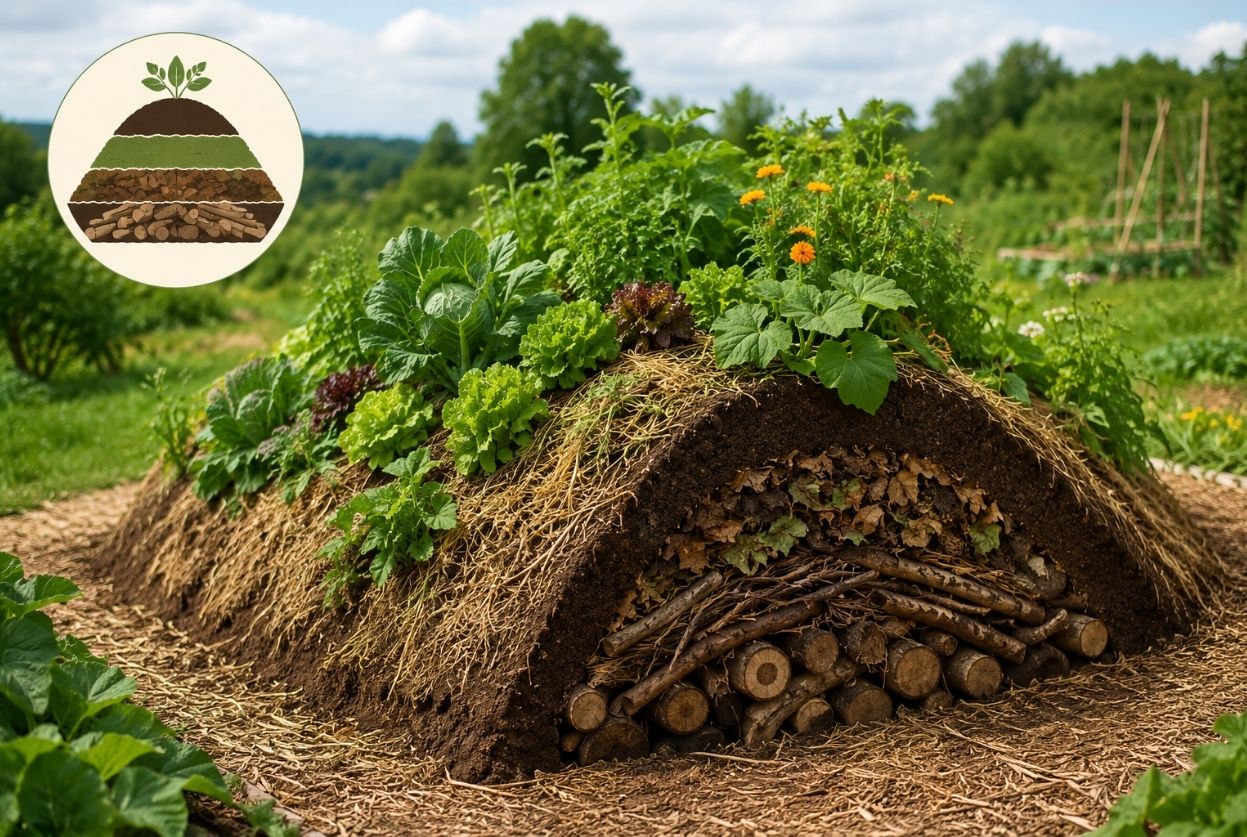 schéma butte de permaculture hugelkultur pour un jardin autofertile