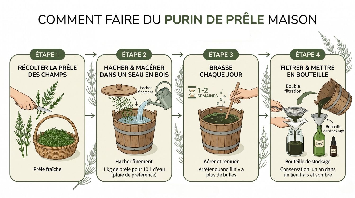 Illustration étapes de fabrication du purin de prêle maison