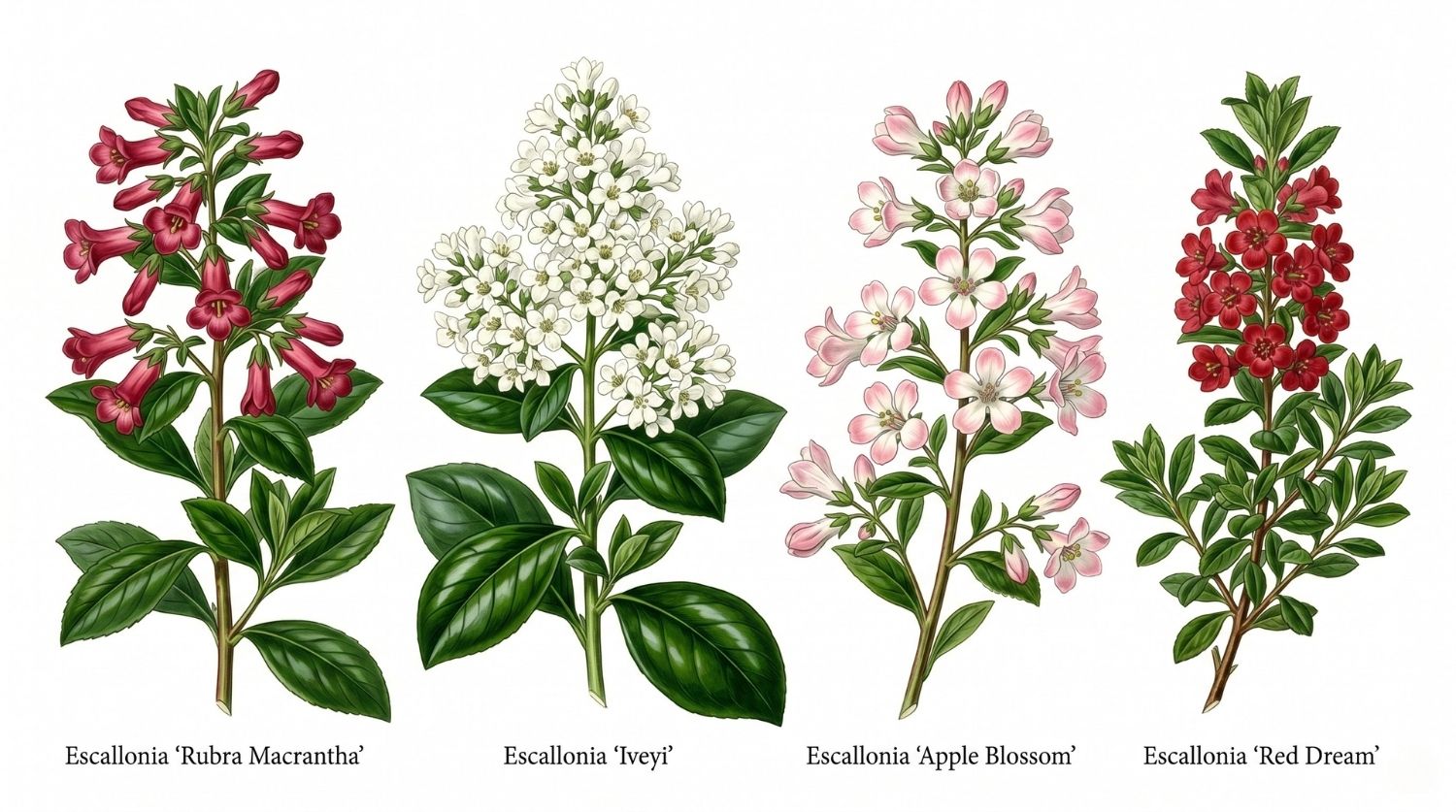 image de rubra macrantha rouge, Iveyi blanc, Apple Blossom rose pâle, Red Dream compact