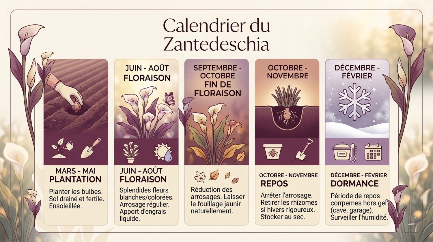 Infographie calendrier mois par mois du zantedeschia