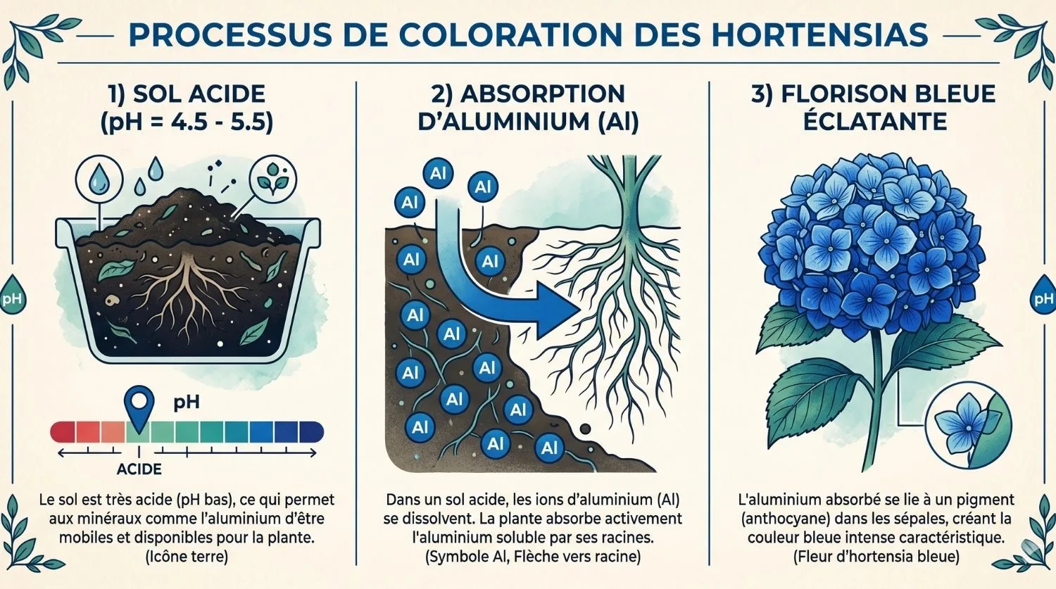 infographie "Les 3 conditions du bleu pour un hortensia bleu"