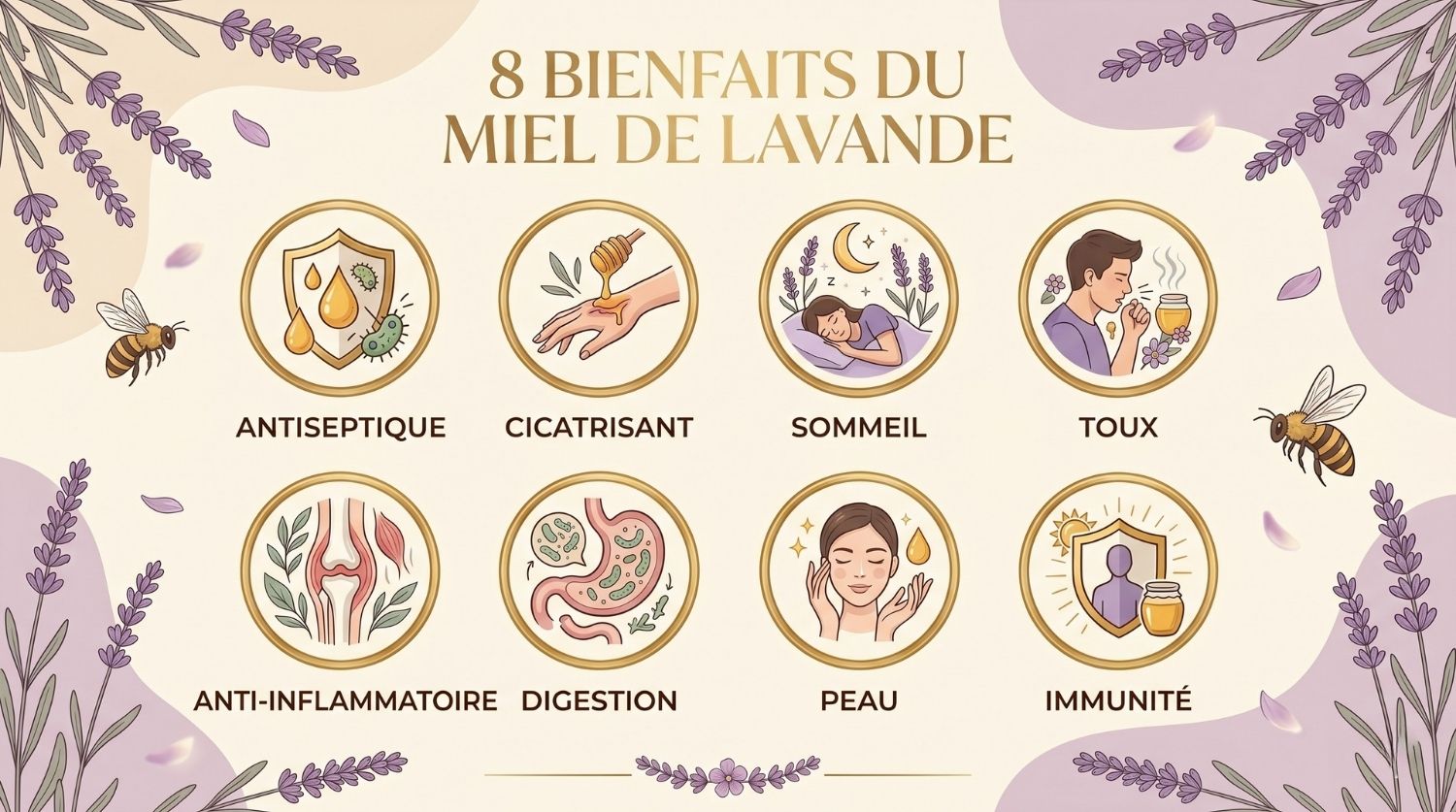 Infographie tableau 8 bienfaits du miel de lavande
