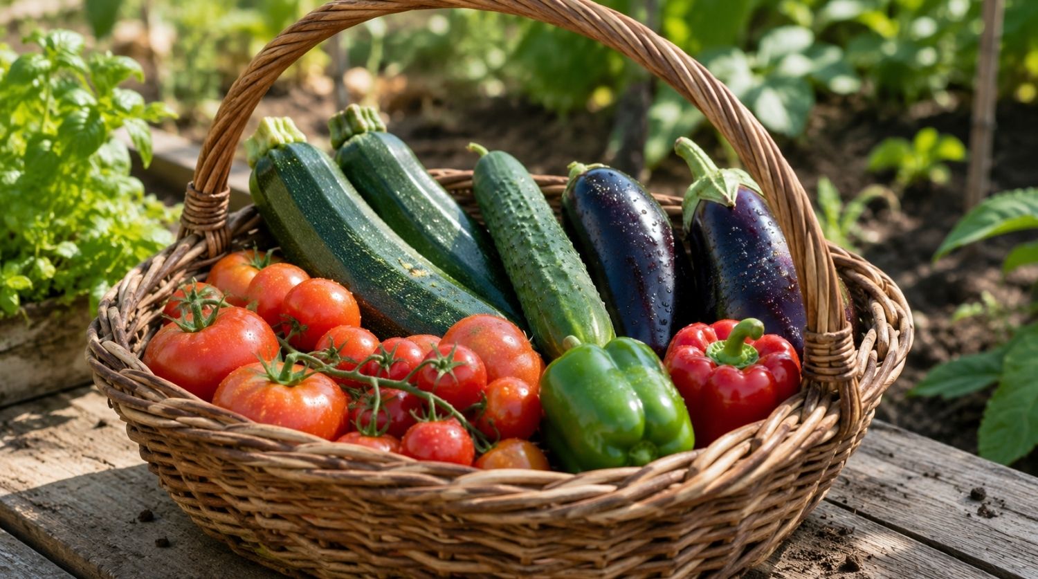 panier avec des tomates, courgettes, concombres, aubergines, premiers poivrons