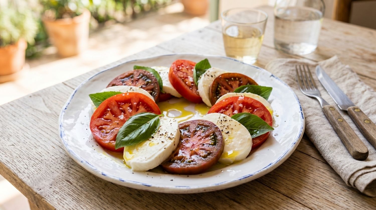 salade caprese avec des tranches de tomates cœur de bœuf et tomate noire de Crimée alternées avec des tranches de mozzarella di bufala
